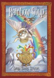 Animated image of flying moth with kids riding on its back nd gold pot with rainbow liquid spilling out.
