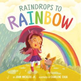 Animated girl with dog with rain and rainbow in background.