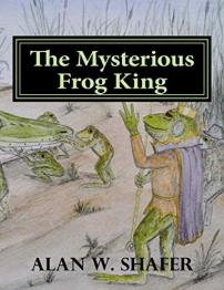 Animated frog with cape and crown and frogs in background holding crocodile head.