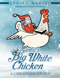 Santa riding a white chicken.
