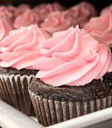 A dozen chocolate cupcakes with neatly decorated frosting