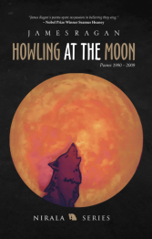 Large orange moon with wolf howling in front.