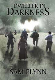 Group of people walking away holding weapons shadowed background.