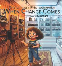Animated little girl in shop with different styles of cameras over time.