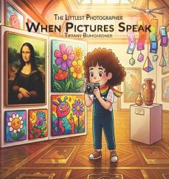 Animated little girl with paintings on walls behind her.