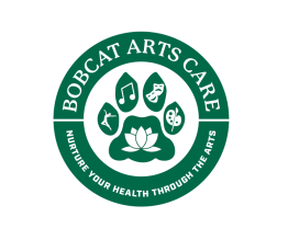 bobcat artscare logo including bobcat paw print and text that says nurture your health through the arts