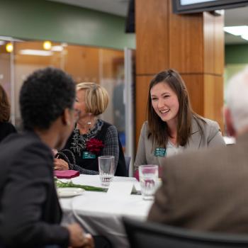 Faith Voinovich, a student trustee, enjoys lunch and conversation at the grand opening and ribbon cutting for the new CoLab