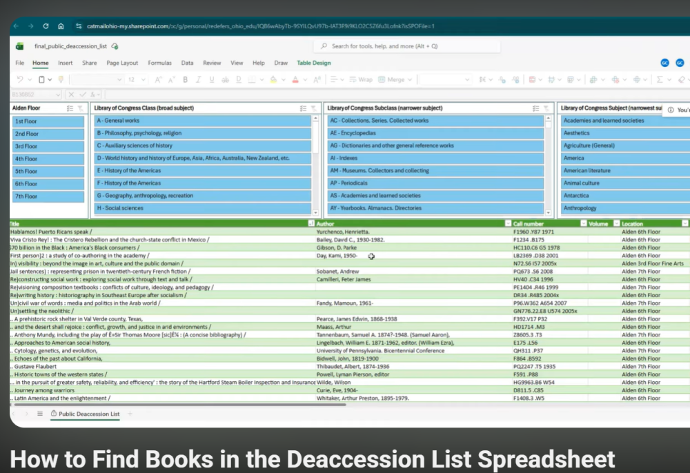 A screenshot of an excel spreadsheet with lists of books to be deacessioned from the library