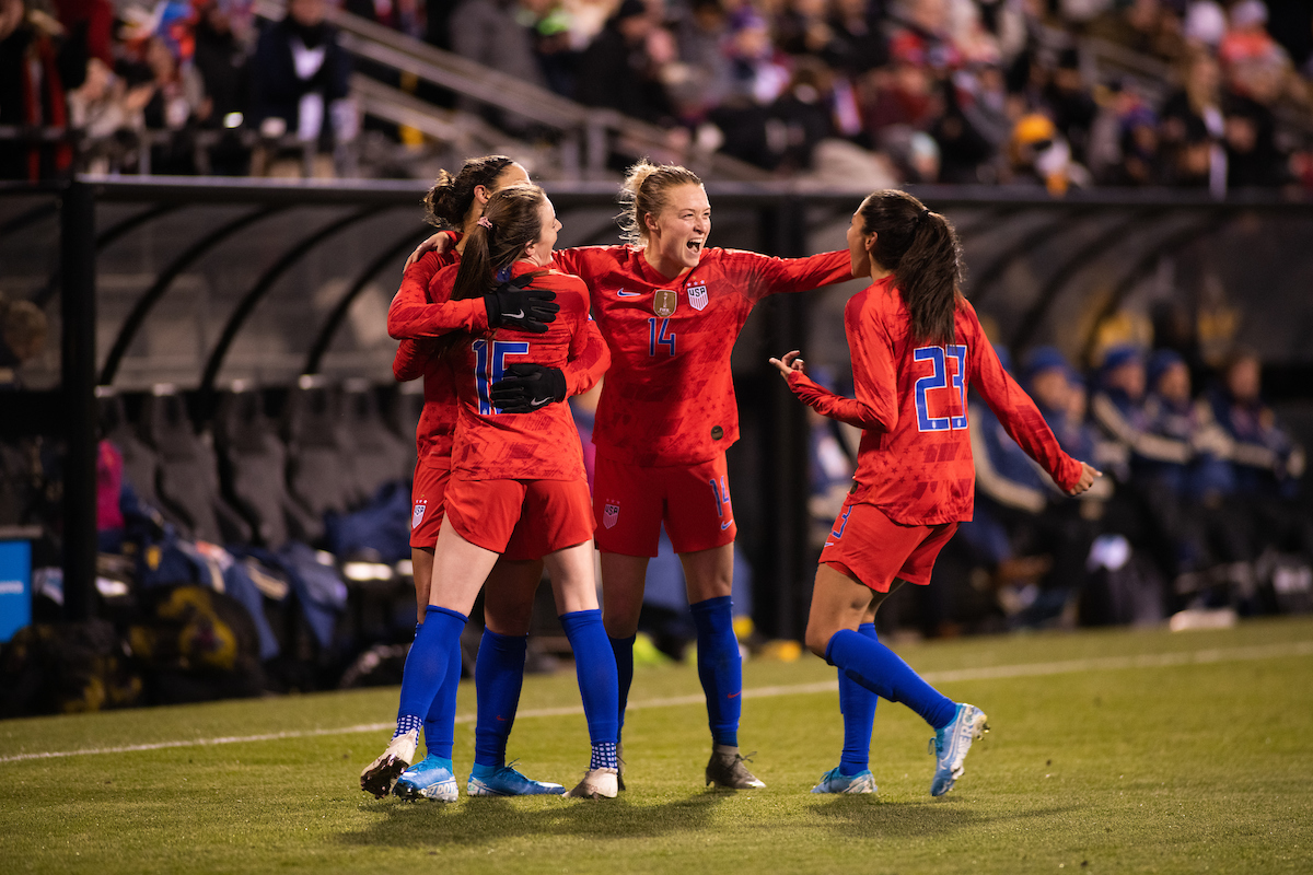 The U.S. Women's National Team's celebrate after scoring on Sweden in a friendly match on November 7, 2019 in Columbus, Ohio. Photo by Ben Siegel