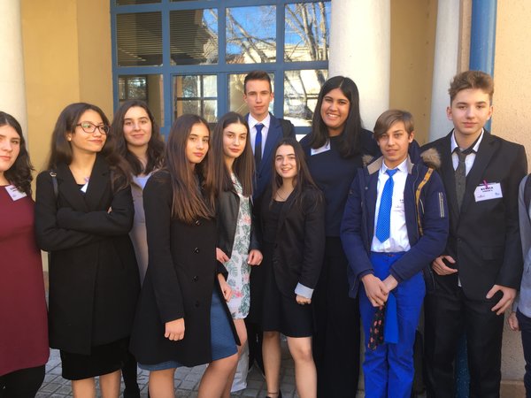 Reiya Bhat and a group of her students at their Madrid-wide Global Classrooms (Model UN) conference. Photo courtesy of Reiya Bhat