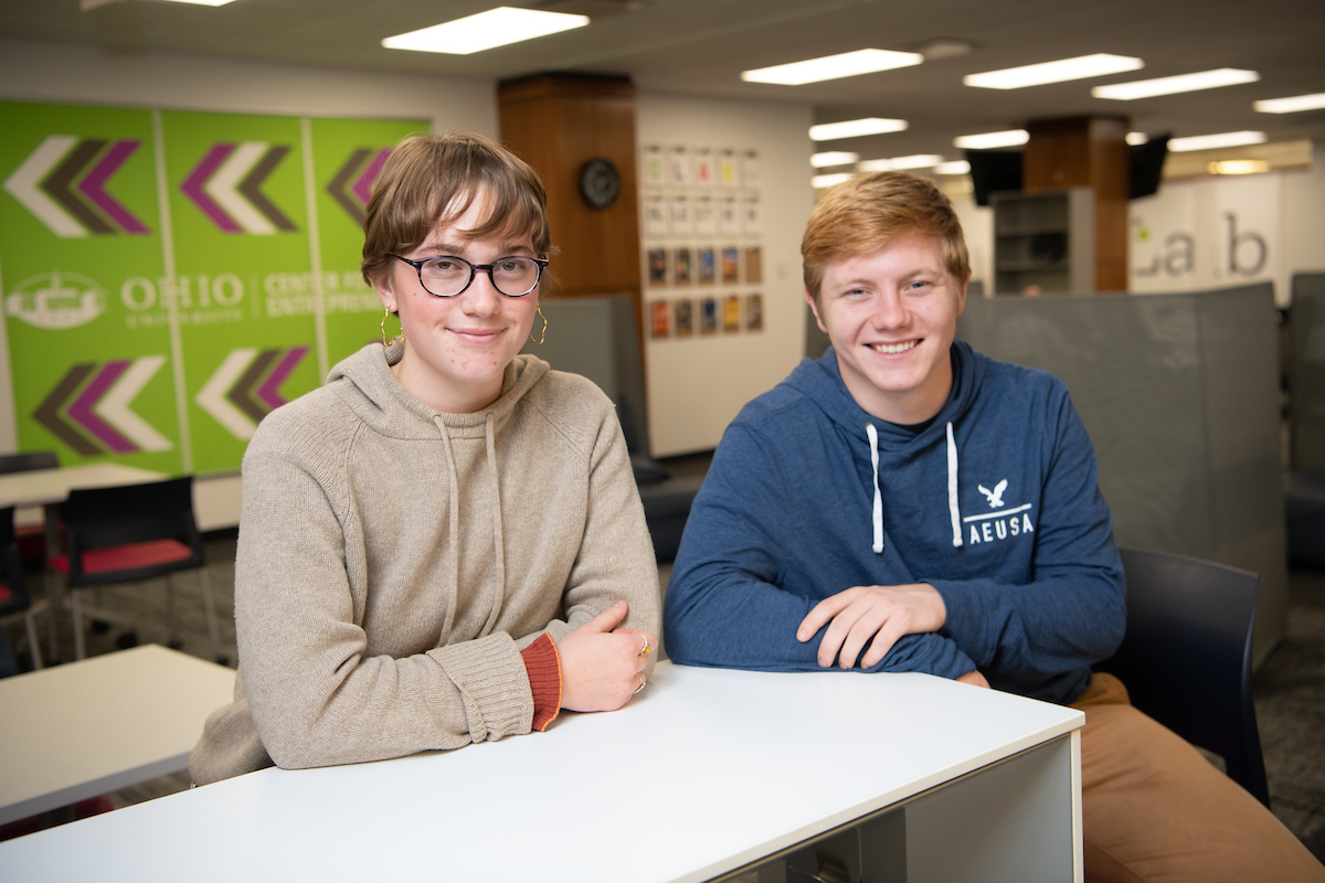 Claire McGee and Dillon Mahr, who were recently named Stanford University Innovation Fellows, pose for a photo in OHIO’s CoLab. Photo: Ben Siegel
