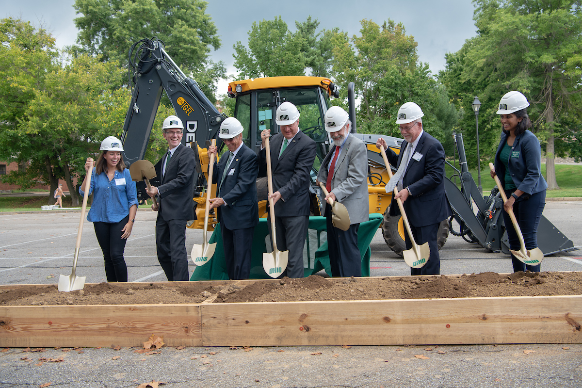 A group of OHIO students, faculty and administrators break ground on the Clippinger Renovation Project in 2018. Photo: Ben Siegel 