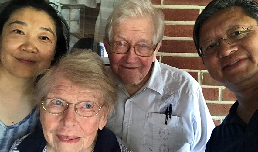 (From left) Bin Yang, Charlene and Hugh Culbertson, and Dr. Qing “Larry” Chen pose for a selfie during a visit in the fall of 2019.
