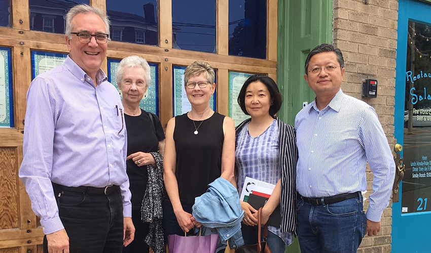 (From left) Bob Stewart, Margie Shelton and Dr. Penny Shelton visit with Ohio University graduates Bin Yang and Dr. Qing “Larry” Chen in the fall of 2019.