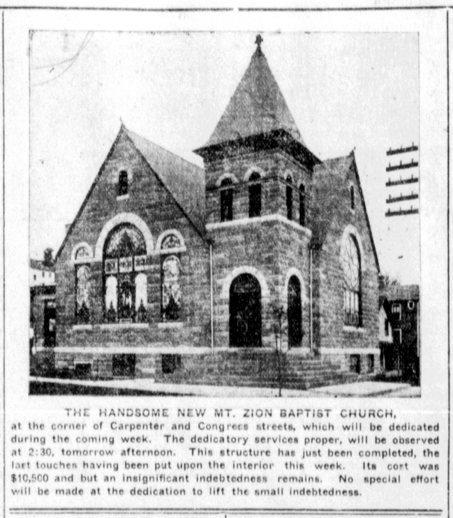 Black and white newspaper clipping announcing Mount Zion Baptist Church when it was new