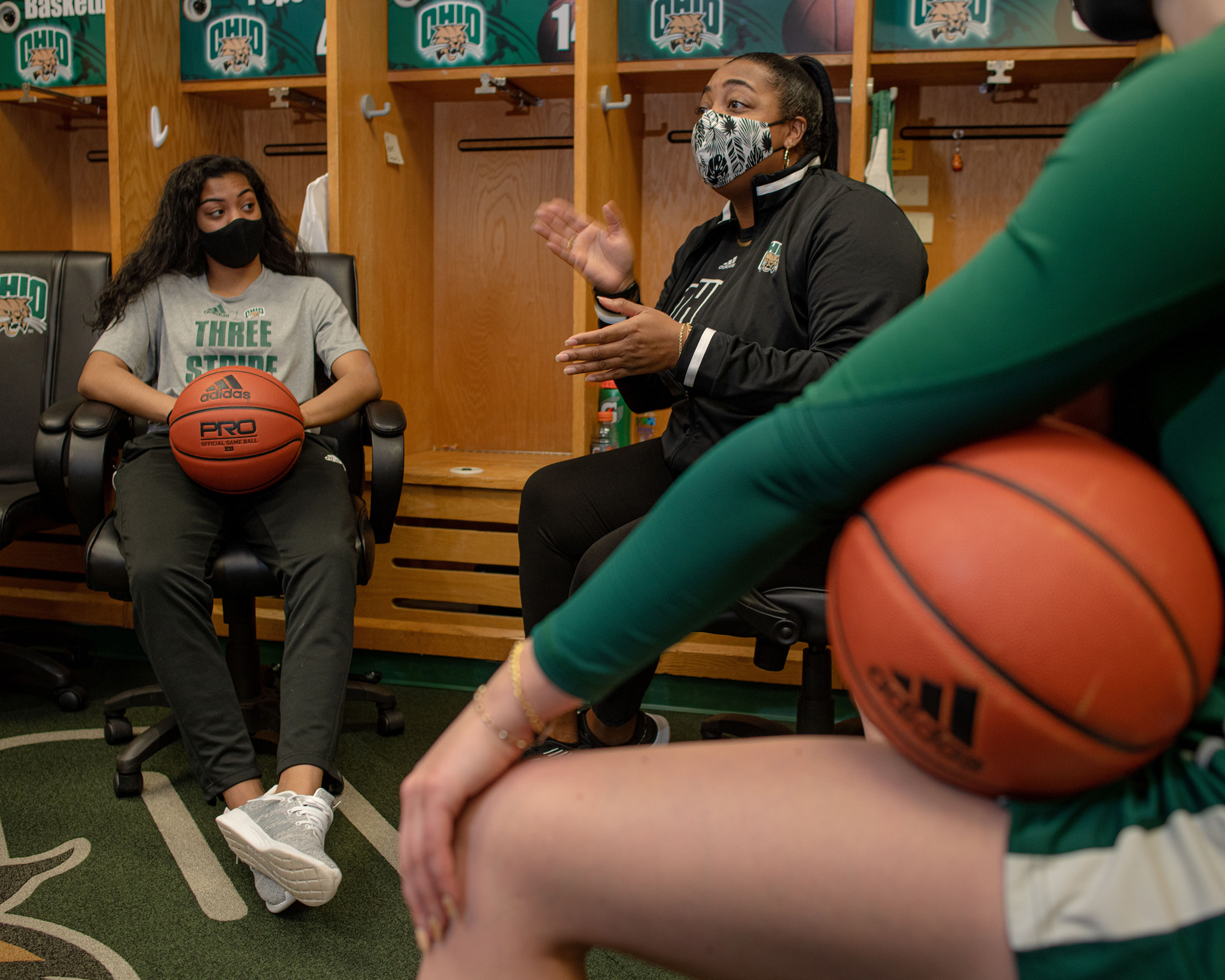 Ohio University women's basketball players having a locker room discussion