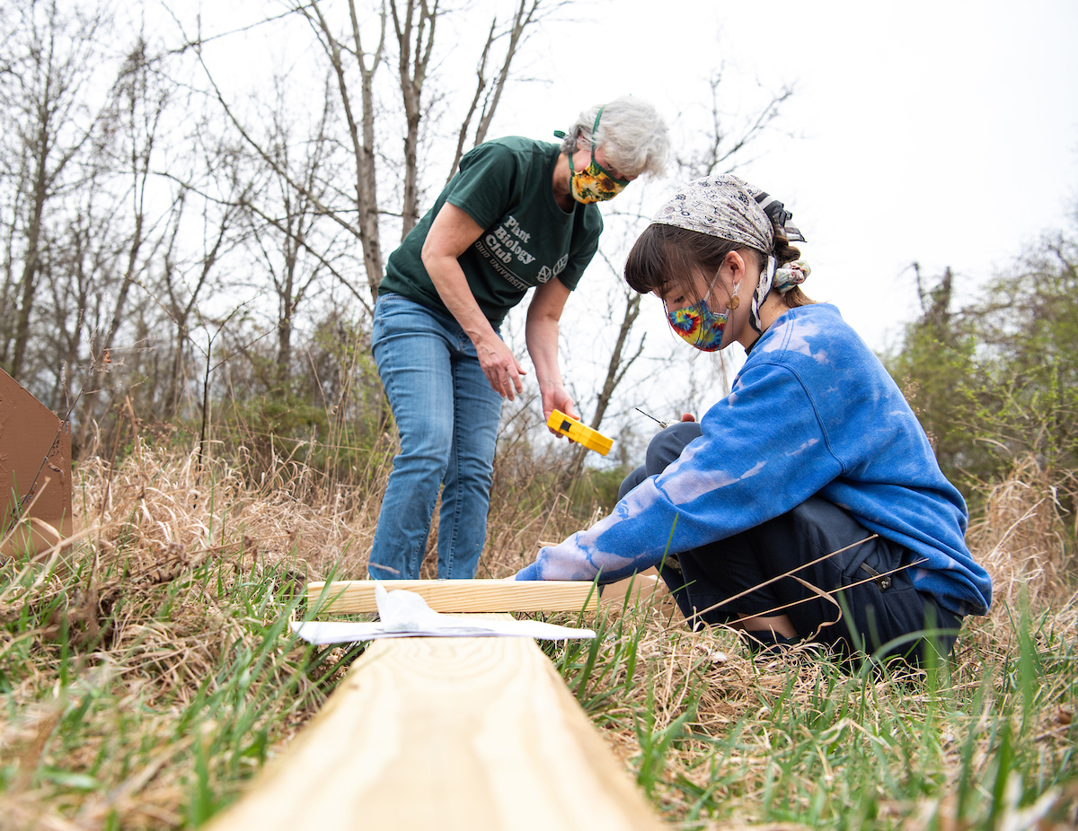 Dr. Kim Thompson and Mikayla Schuyler mount the bat dwellings on 16-foot posts