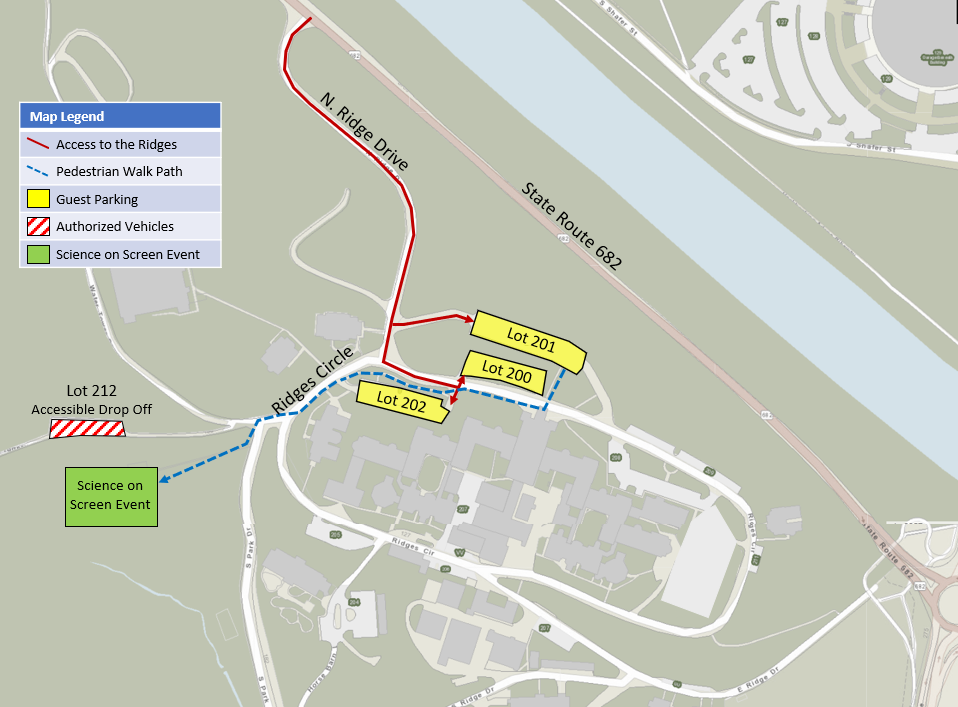 Map showing how to get from parking at The Ridges to the Science on Screen event
