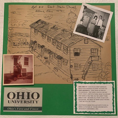 Pictured is a drawing Joy Kokenge did, complemented by photos, of the old military barracks on East State Street where she and Dr. Bernard Kokenge, PHD ’66, lived during their years in Athens.