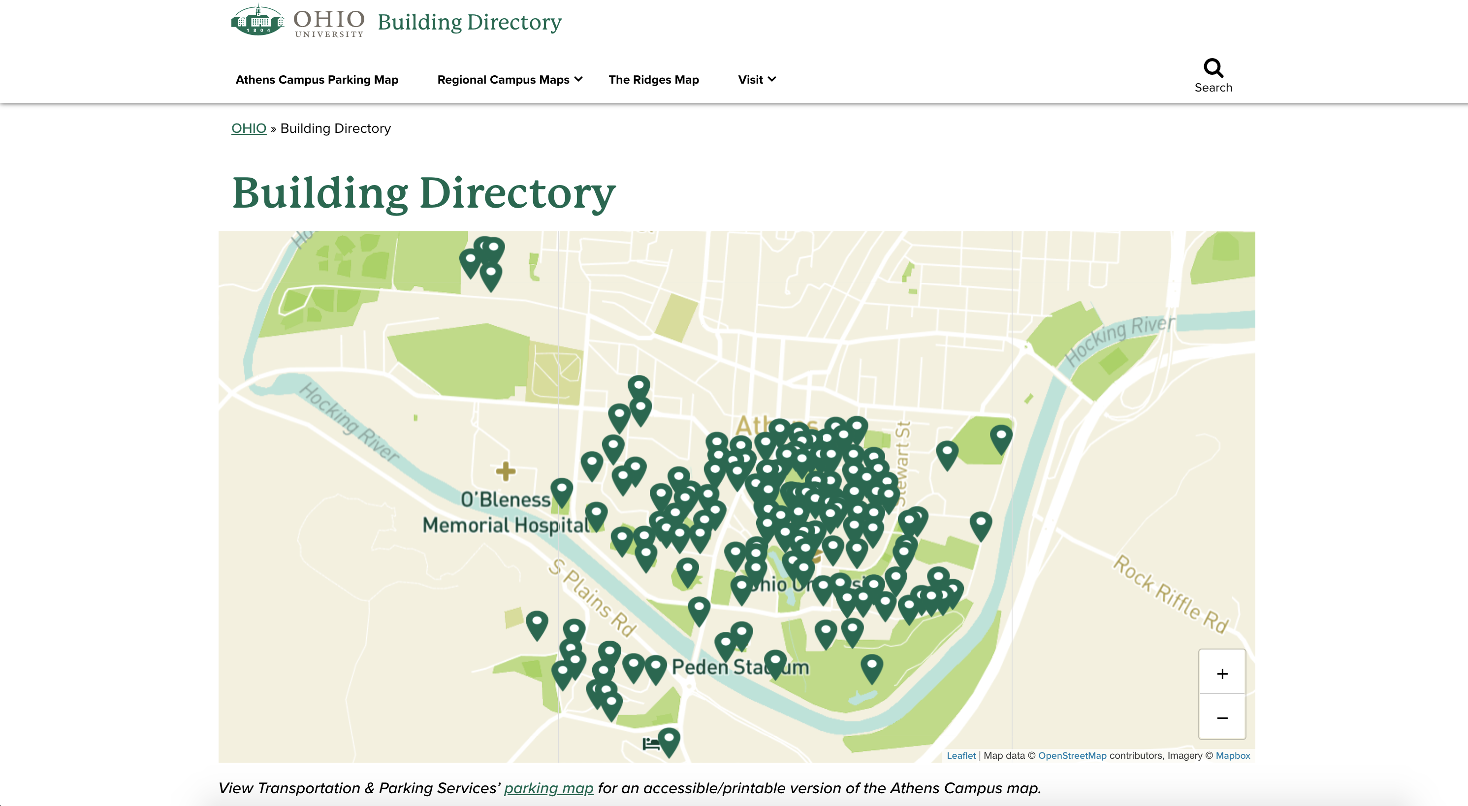 New Building Directory website on ohio.edu, including a main interactive map that shows each building as a pinpoint