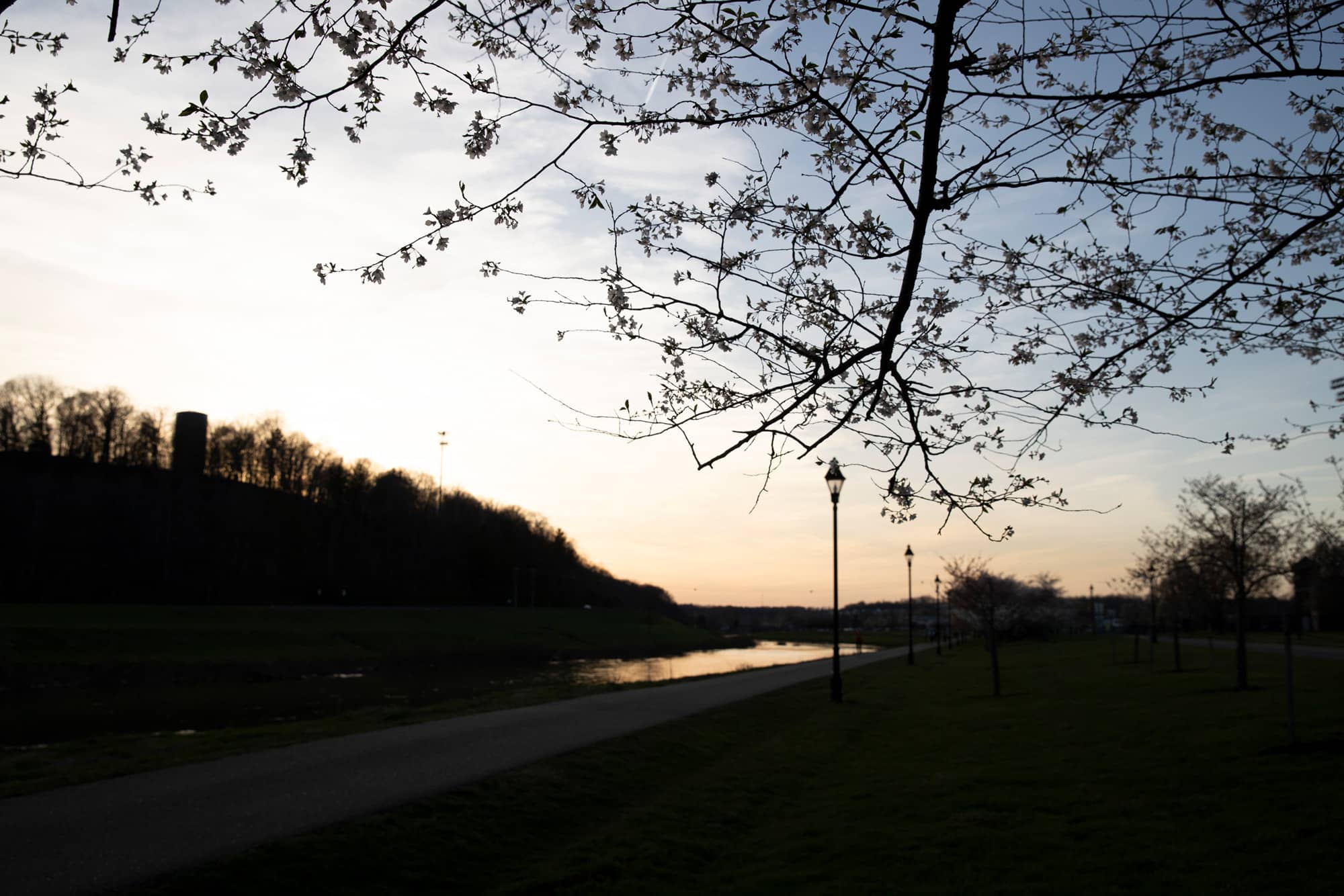 The sun sets on the Hocking River near the cherry blossoms.