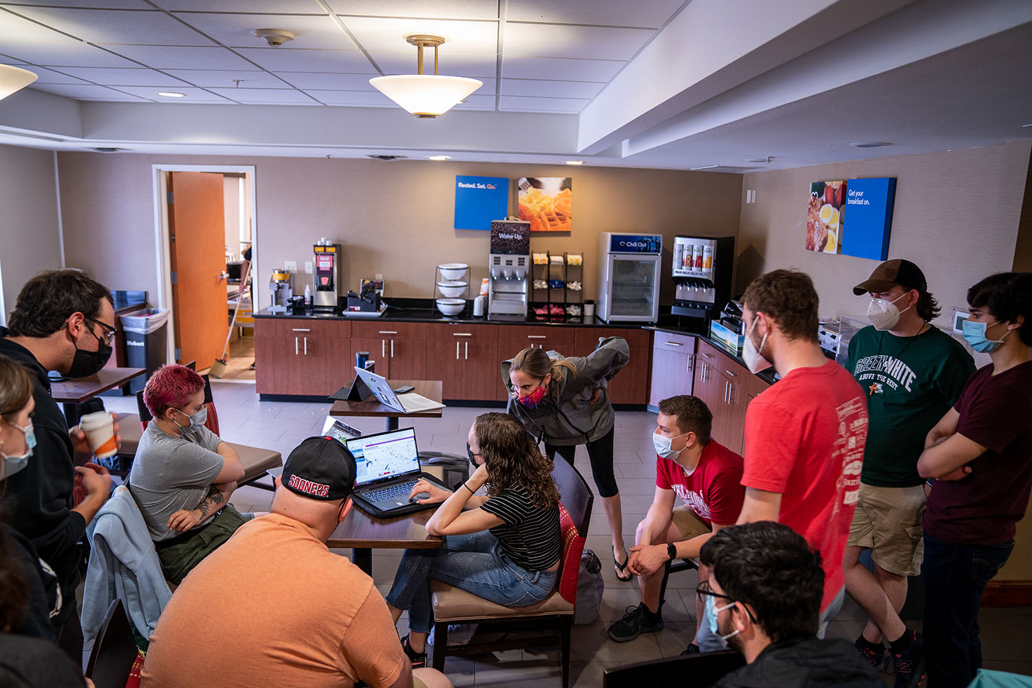 Every morning, the group would congregate in the hotel together to have weather briefings. During these meetings, they would determine locations to travel to for the day, by looking at updated weather mapping and storm data.