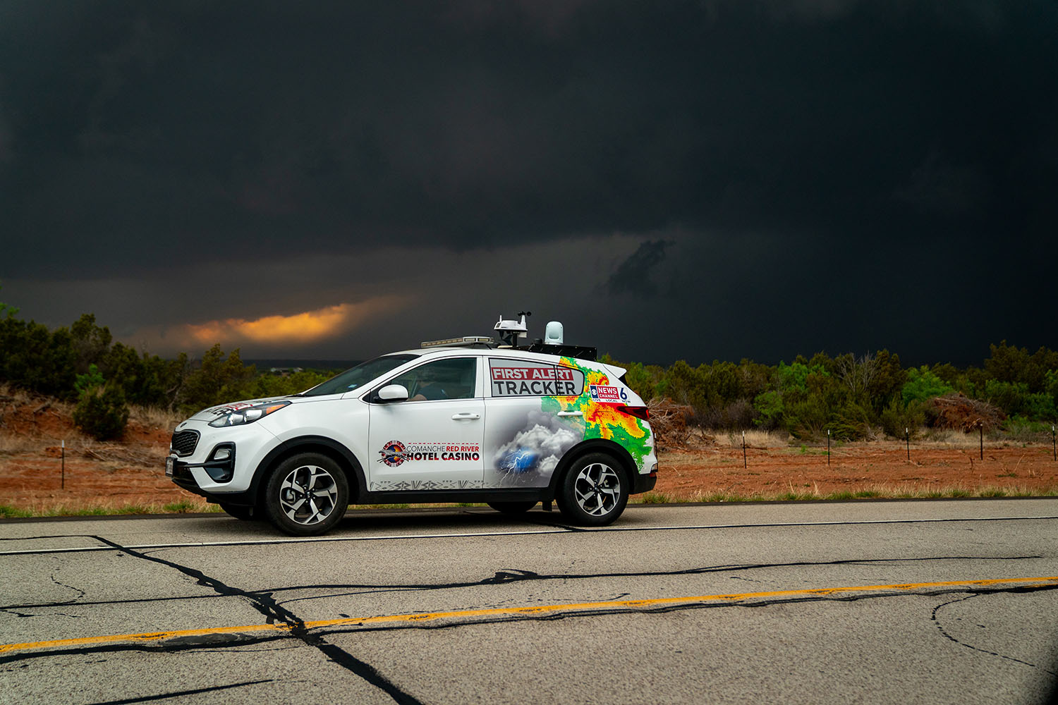 The students were not the only ones storm chasing, as the peak of tornado season is from May to early June. News weather vehicles were also out to report on the storms as they formed, like this one in Texas.