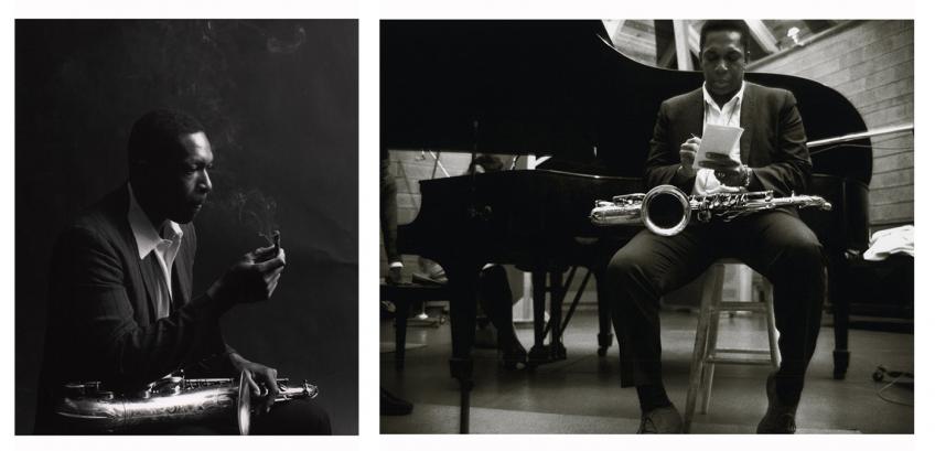 Two photos of John Coltrane during his 1964 recording sessions