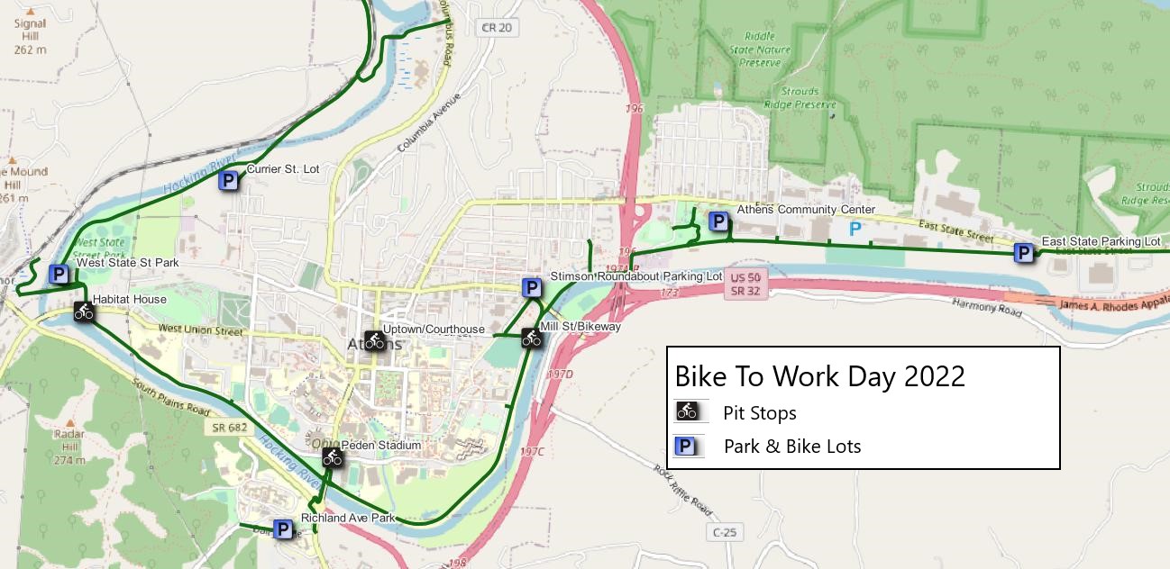 Athens County Bike To Work Day Pit Stops and parking lots