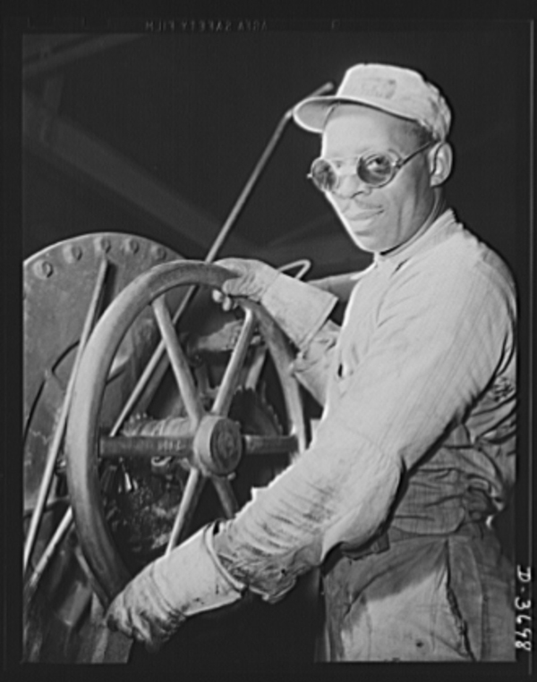 This photo of a man working at an Aluminum Industries Inc. plant in Cincinnati, OH, was taken in February 1942 by Alfred T. Palmer and is provided courtesy of the Farm Security Administration.