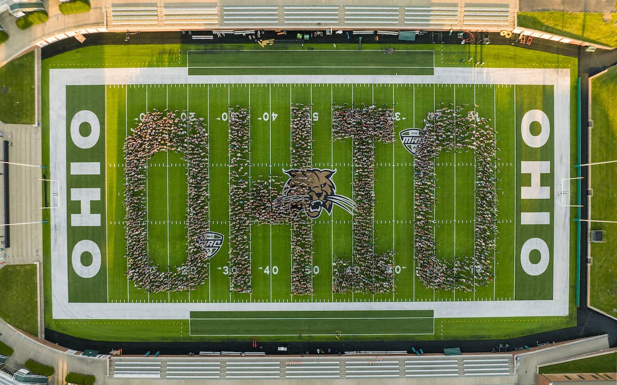 Arial shot of Ohio University football field with incoming class spelling 