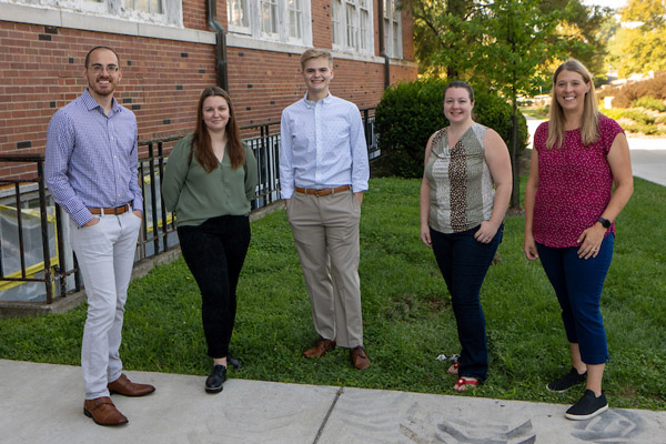 The research team, from left: Dr. Brett Peters, Graduate student Abriana Gresham, senior Nash Randall, graduate student Jessica Lang, and Dr. Peggy Zoccola.