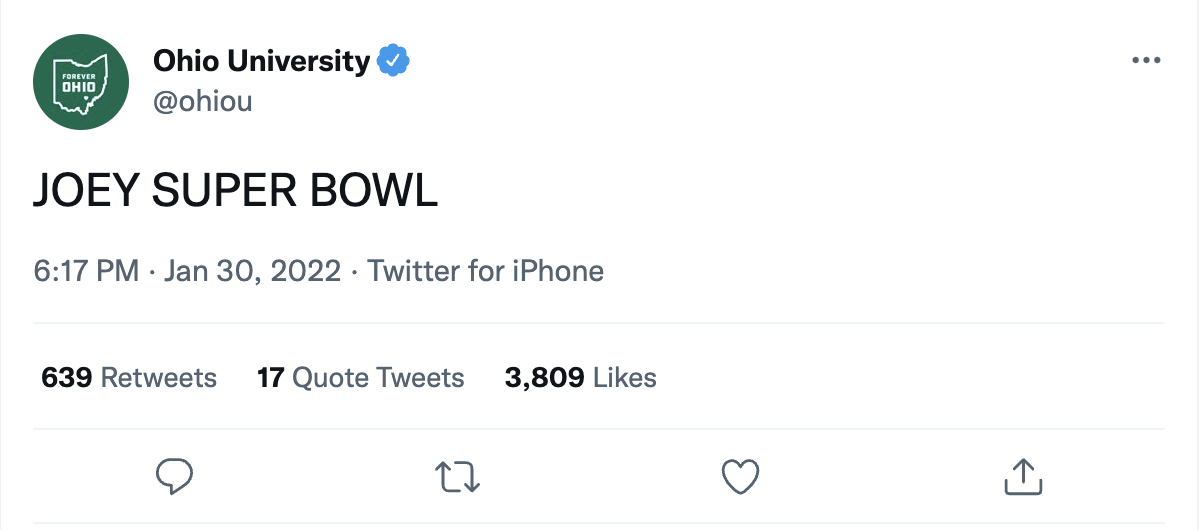 Tweet from official Ohio University account that reads "JOEY SUPER BOWL"