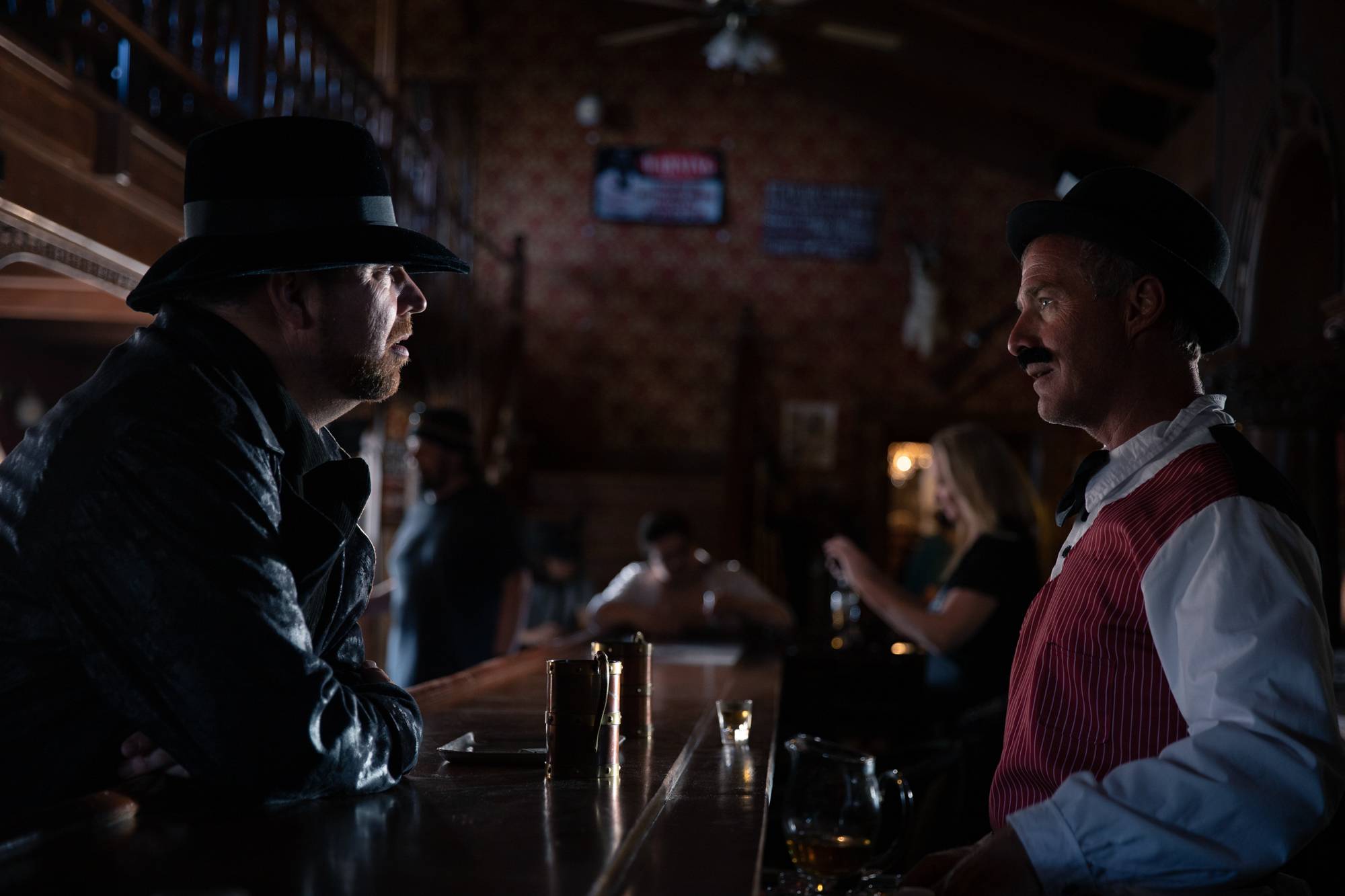 Sean FitzSimons, left, speaks to Jeffrey MacBurnie during filming an 1800s western documentary on Friday, June 24, 2022, at Mount Wilson Ranch in Mt. Wilson, Nevada.