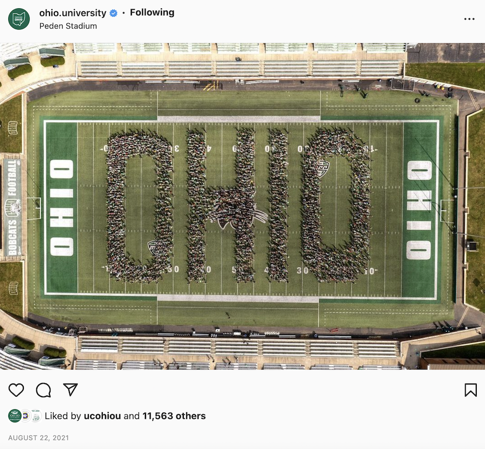 An Instagram post with over 11,000 likes, showing students on the football field spelling out "OHIO"