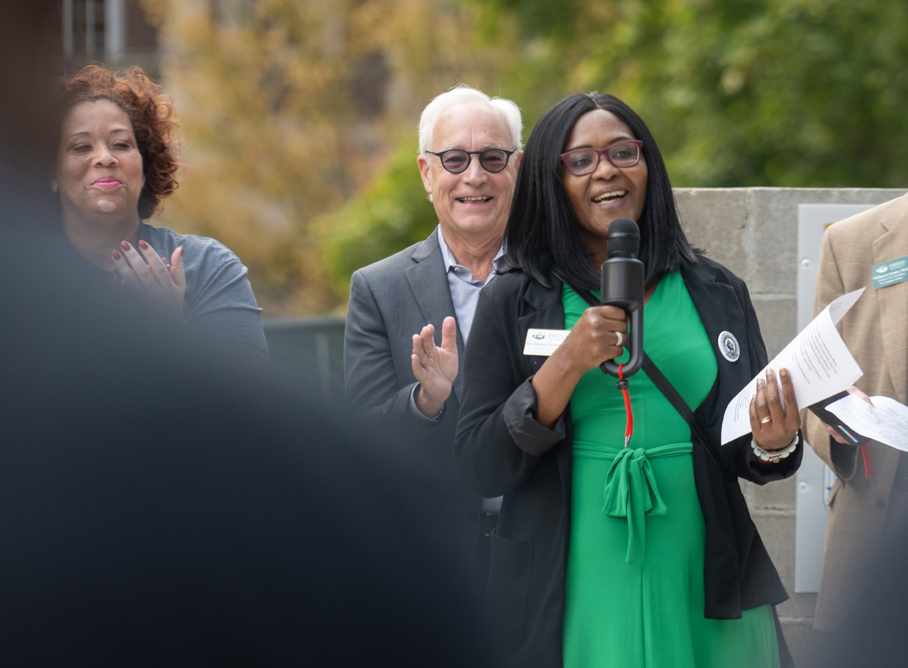 Dr. Salome Nnoromele, Interim Vice President for Diversity and Inclusion, speaks at the dedication of the National Pan- Hellenic Council Plaza on College Green.