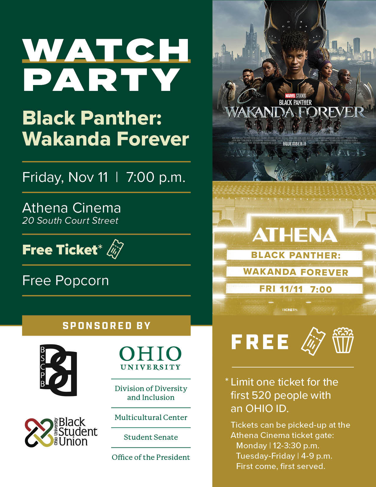 Flyer for "Black Panther: Wakanda Forever" movie screening at the Athena Cinema. 