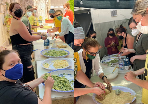 On the left, Faith Laughlin, Emily McCarty, Liza Gildemeister, Lauren Hayes, Jackie Augustine, and Sefi Monterrosso. On the right, Jackie Augustine and Sefi Monterosso roll the arancini in breadcrumbs while Liza Gildemeister watches with Lauren Hayes in the near foreground.