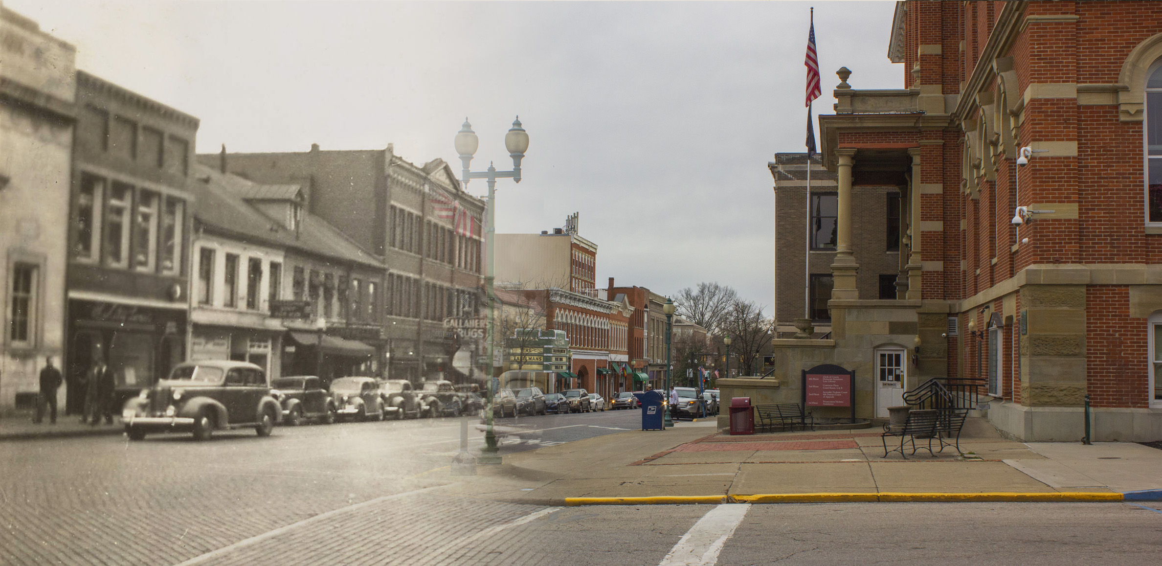 An image from the W.E. Peters collection exhibit of a Court Street and Washington Street in Athens, Ohio