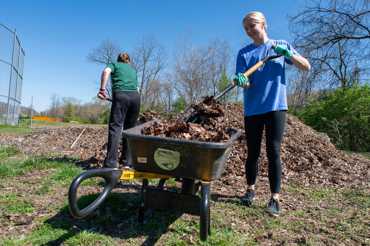Two students shovel compost into a wheelbarrow