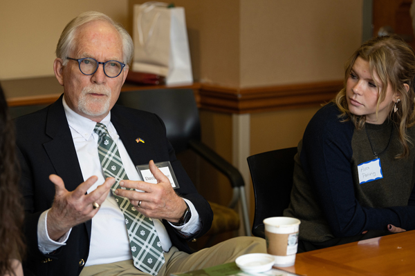 Judge David Crane talks with Ohio University students at the Ohio University Pre-Law Day. The Ohio University alumnus was the founding Chief Prosecutor of the Special Court for Sierra Leone.