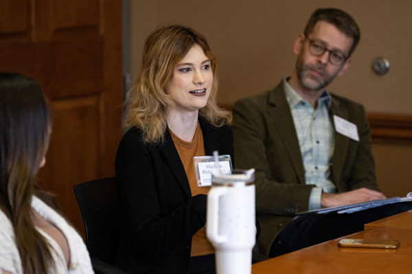 Alumna Madeline Rettig '16 talks with Ohio University students in a panel on social justice and the law.