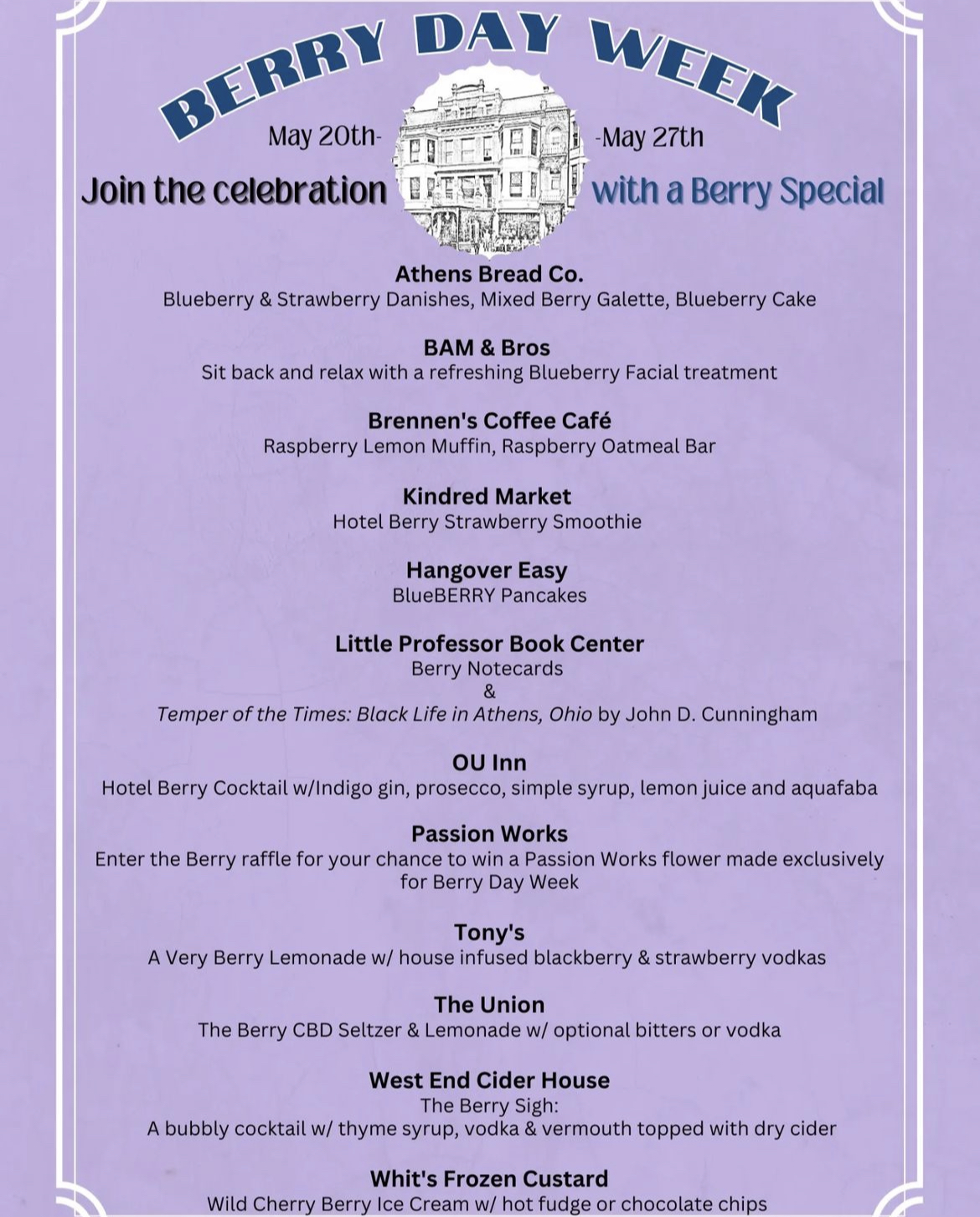 A flyer lists all the local Athens businesses that participated in specials for "Berry Day Week."