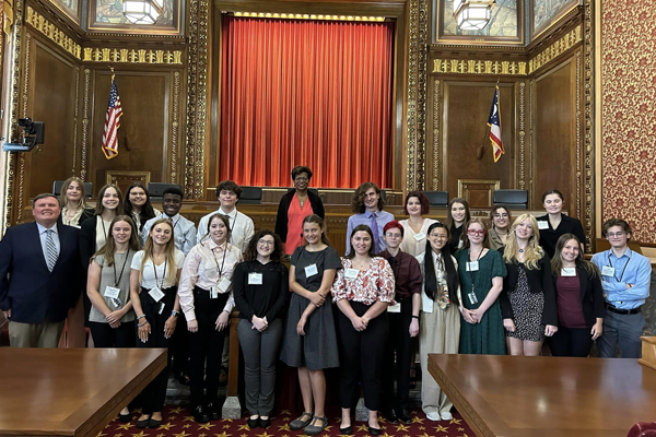 2023 SLTI students at the Supreme Court of Ohio with Justice Melody Stewart.