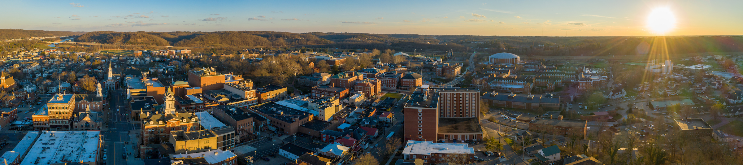 An aerial photo of Athens, Ohio, and Ohio University