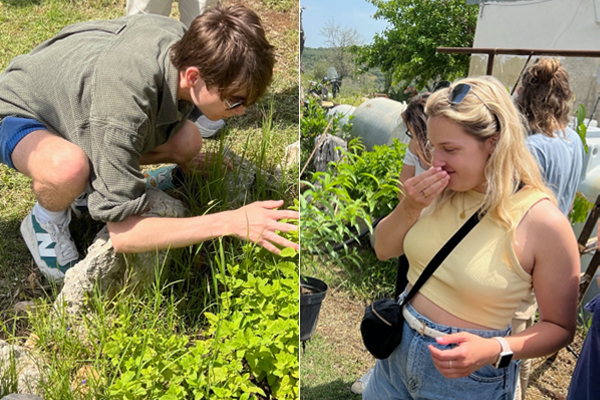 Jacob Walthur (left) and Chloe Chesnik (right) experience the texture and fragrances of the plants.