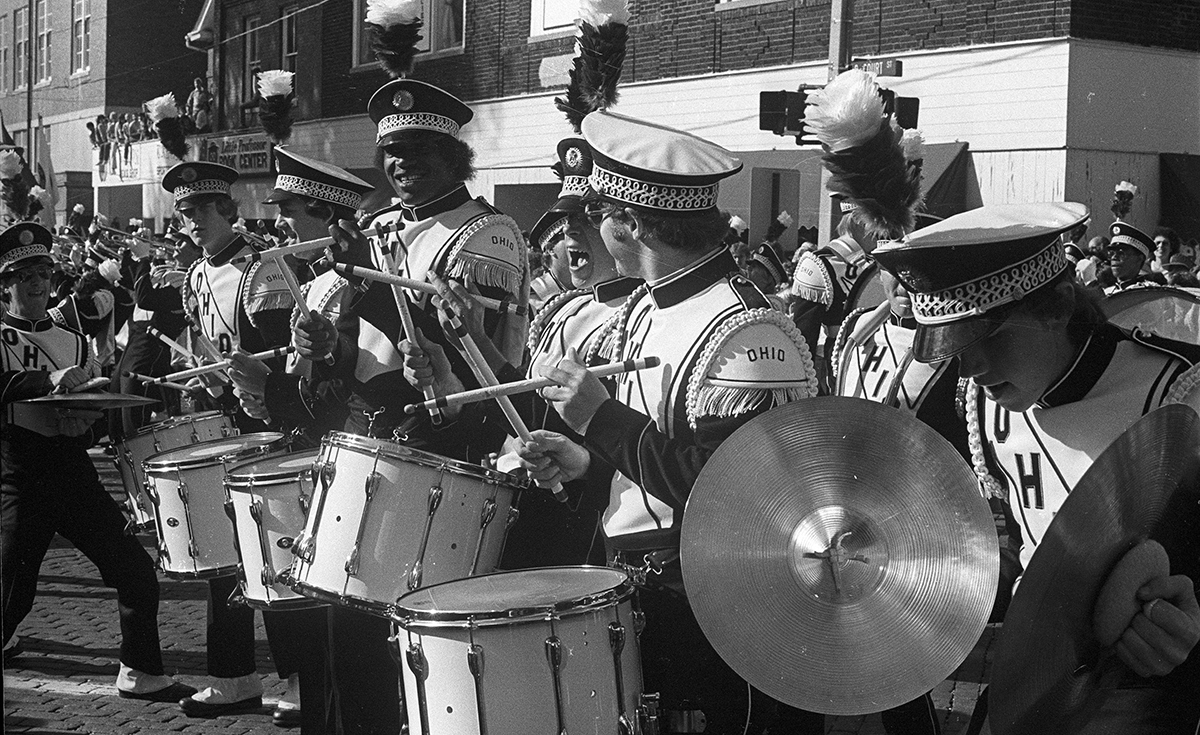 Archival image of Marching 110 snare drum players