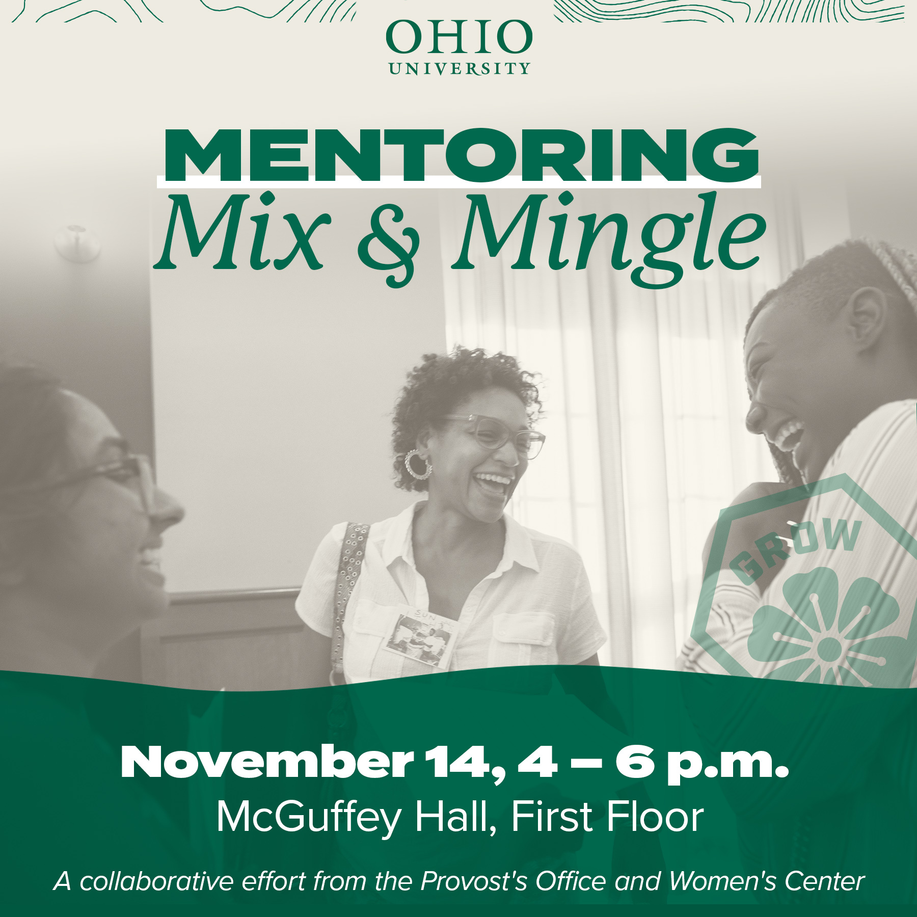 Mentoring Mix and Mingle flyer hosted by the Women's Center and Office of the Provost 