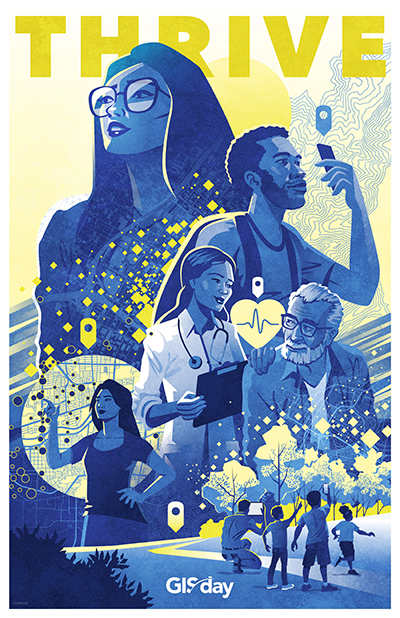 THRIVE: GIS Day 2023 poster featuring an illustration of medical professionals and scientists with the GIS logo