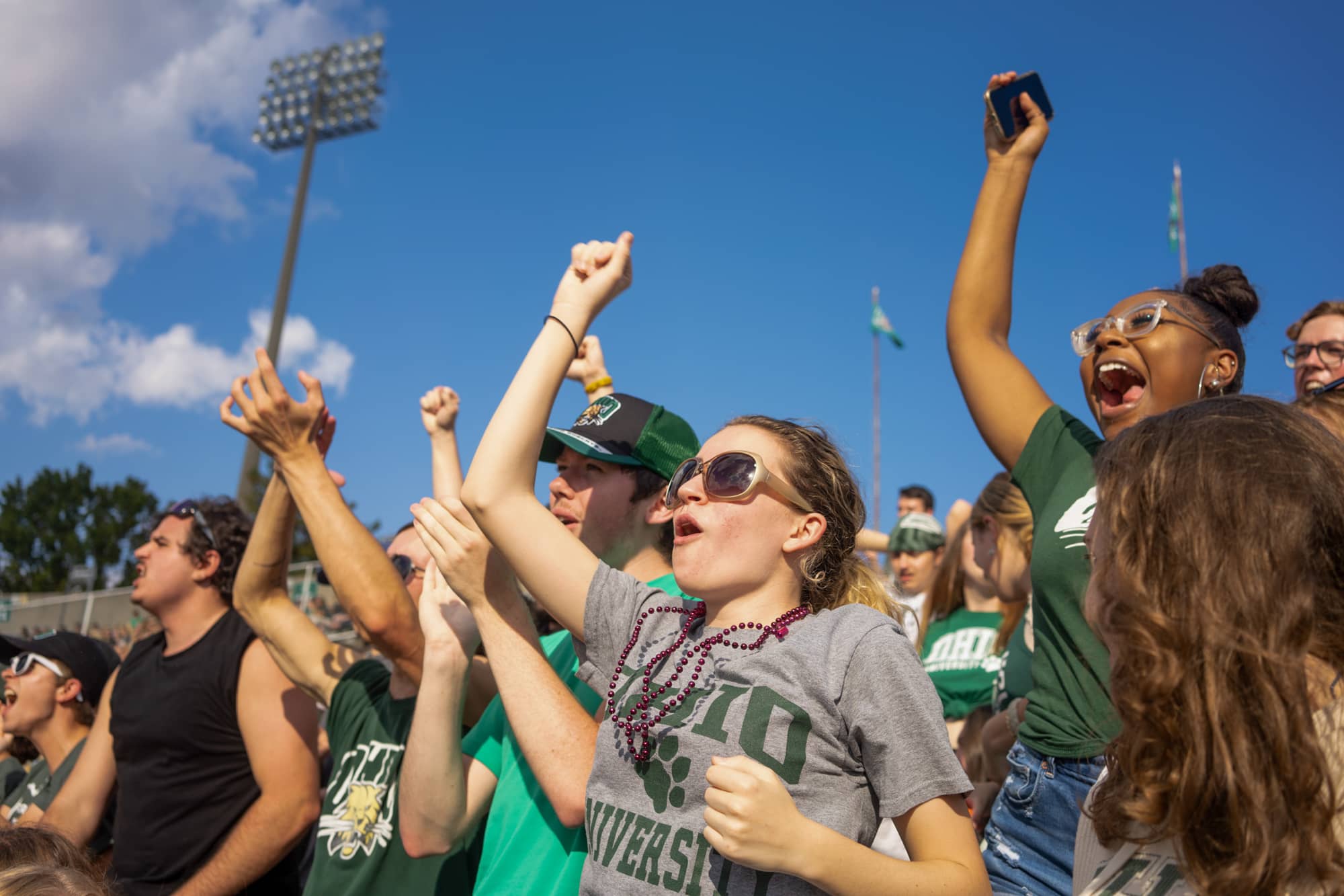 Fans cheer on the Ohio University football team at Peden Stadium in Athens, Ohio, on Saturday, October 9, 2021.